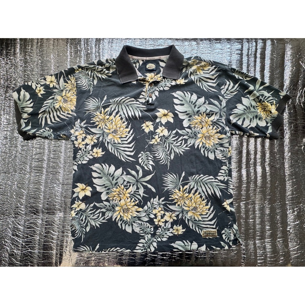 Tommy Bahama Mens Floral Tropical Palm Print Polo Shirt Grey Yellow XL